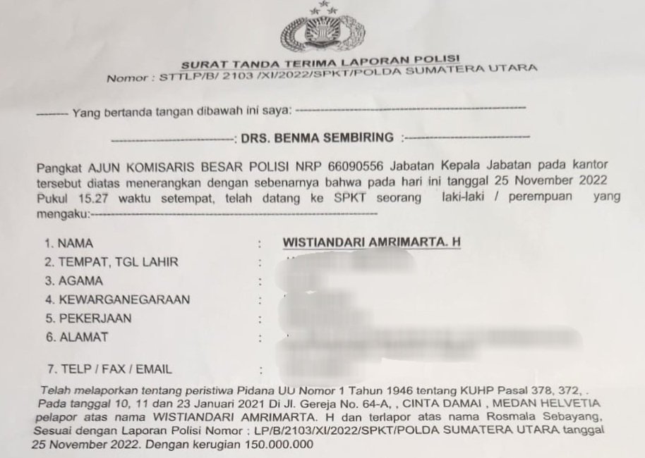 Diduga Gelapkan Uang Rp 150 Juta, Dirut PT Juanta Cibero Rosmala Sebayang Dilaporkan ke Polisi