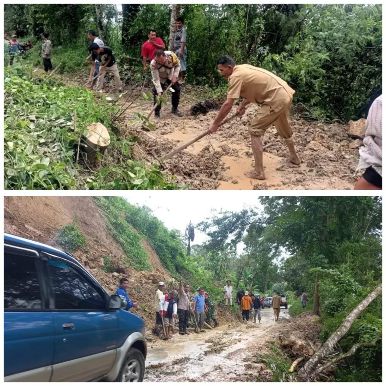 Polsek Juhar Bahu Bersama Masyarakat Bersihkan Material Longsor yang Menutupi Akses Jalan di Desa Mbetong