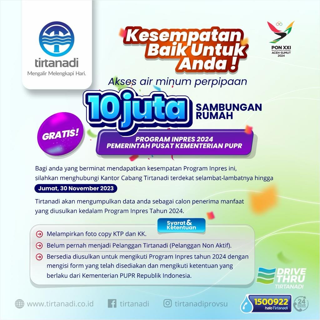 Perumda Tirtanadi Mendukung Pelaksanaan Pogram Inpres 2024 10 Juta Sambungan Rumah Gratis