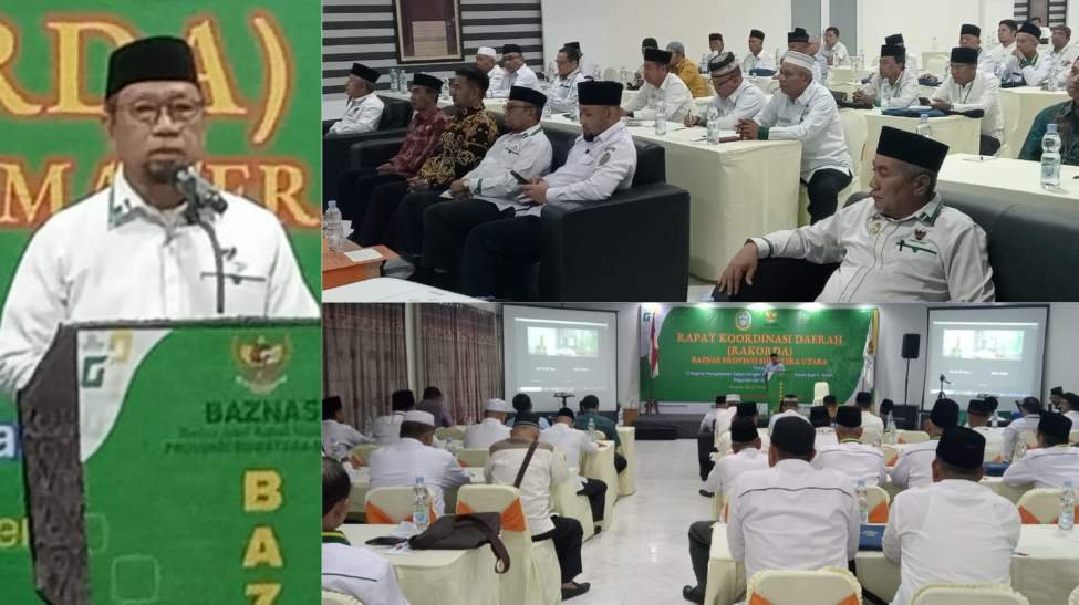 Ketua Baznas Sumut Prof Dr H Mohammad Hatta MA membacakan sambutan dalam Rakorda Baznas Sumut di Hotel Khas Parapat, Rabu (8/11/2023).