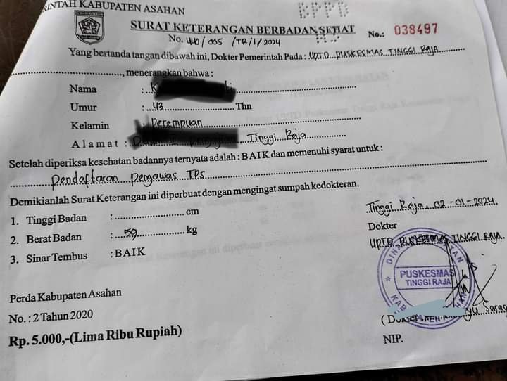 Calon Pengawas TPS Bingung Perbedaan Biaya Surat Kesehatan di UPTD Puskesmas Tinggi Raja