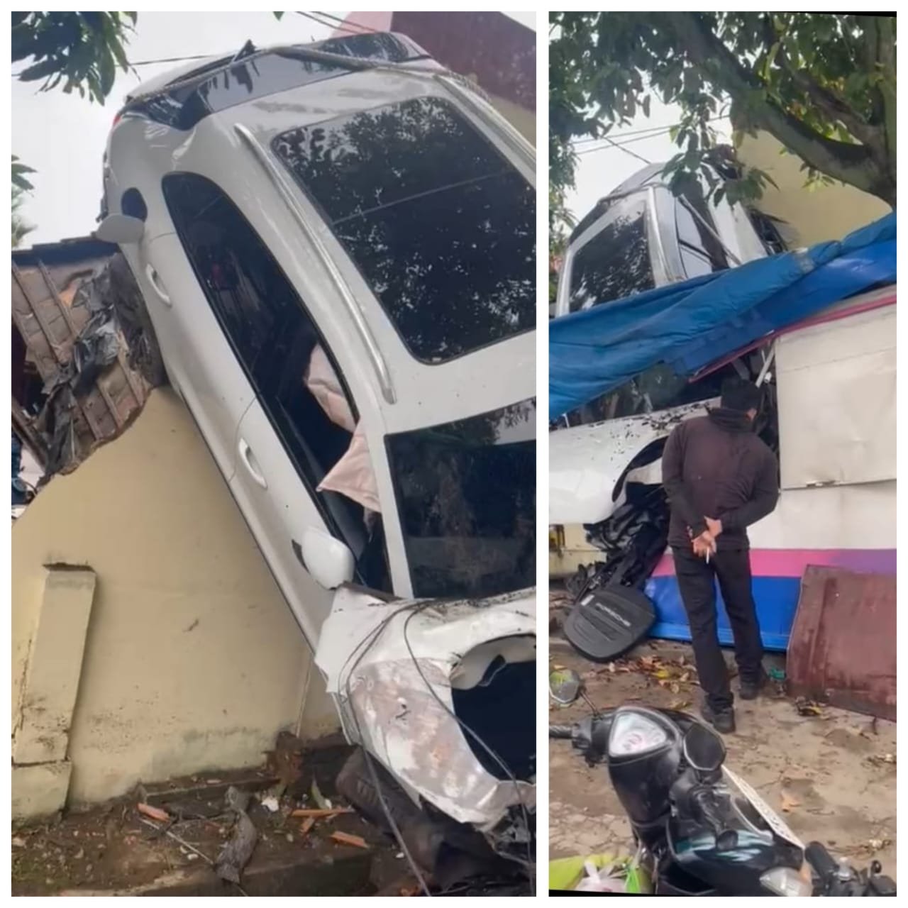 Mobil Sedan Putih ‘Terbang’ Tabrak Sat Samapta Polrestabes Medan