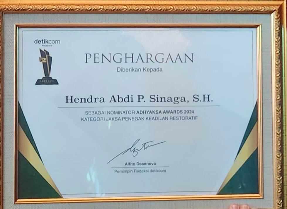 Kasi Pidum Kejari Langkat, Raih Penghargaan Nominator Adhyaksa Award 2024