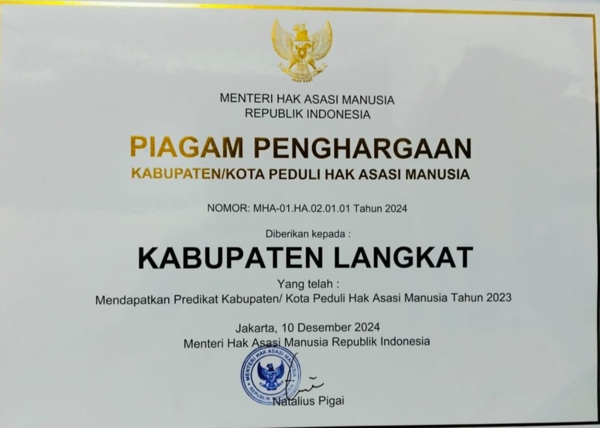 Pemkab Langkat Raih Piagam Kabupaten Peduli HAM Nasional 2024