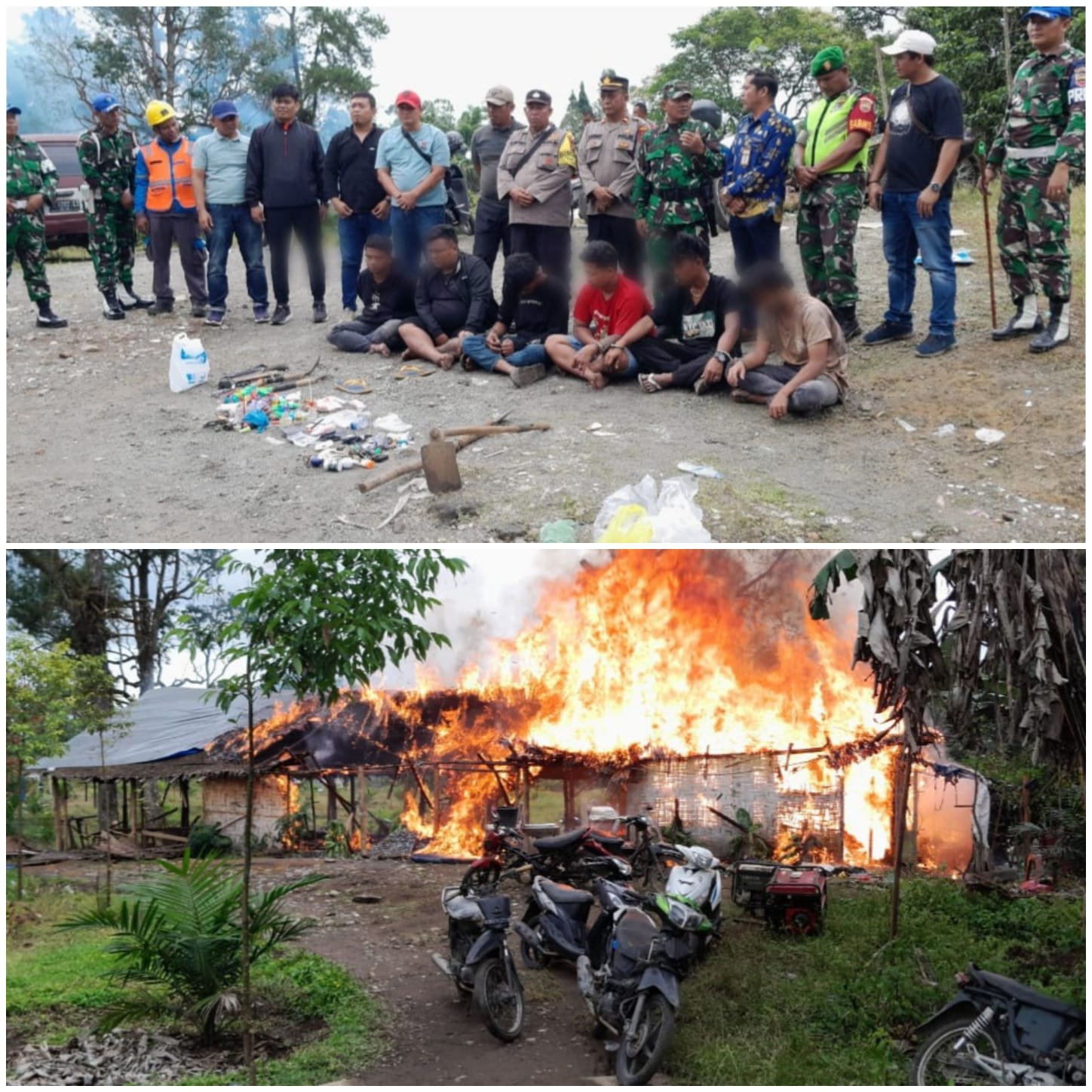 Polsek Pancur Batu, Kodim 0204 Deli Serdang dan Koramil 03/Sibolangit Amankan 6 Pria dan Bakar Gubuk Narkoba