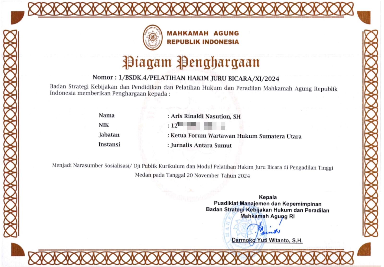 Ketua Forwakum Sumut Terima Piagam Penghargaan dari Mahkamah Agung RI