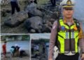 Satlantas Polres Padangsidimpuan Bersama Warga Timbun Bahu Jalan Berlubang